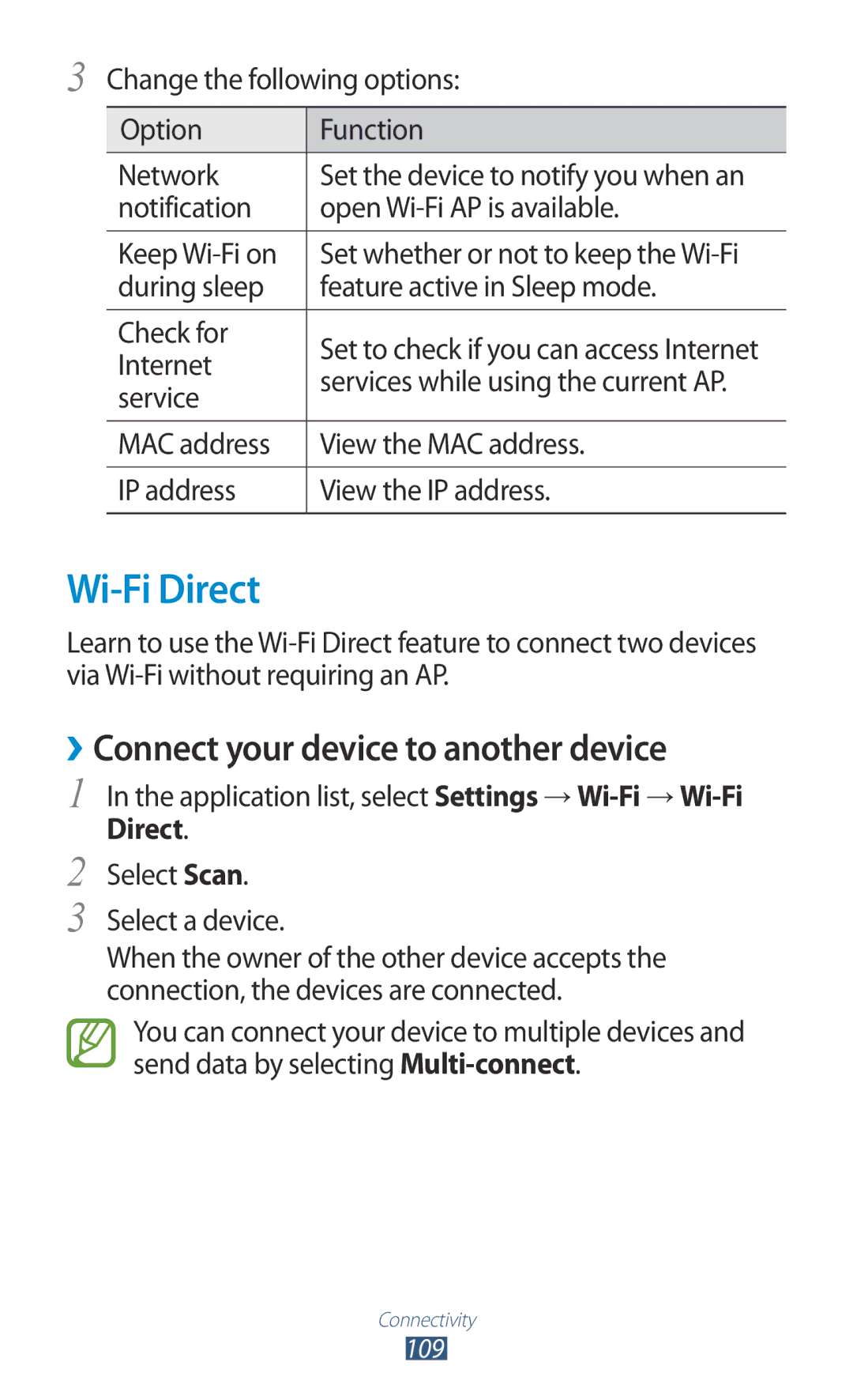 Samsung GT-I8160OKADBT, GT-I8160ZWADBT, GT-I8160OKAEPL, GT-I8160OKAXEO Wi-Fi Direct, ››Connect your device to another device 