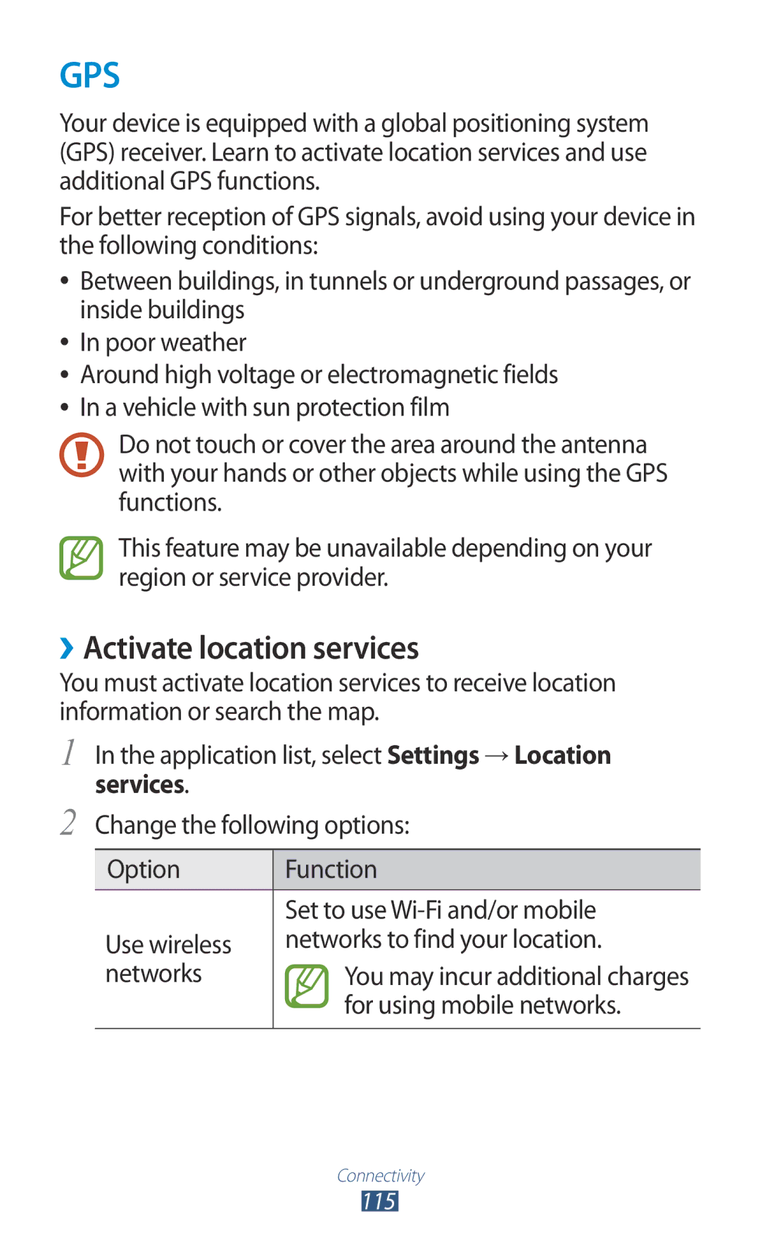 Samsung GT-I8160ZWAVIA, GT-I8160ZWADBT, GT-I8160OKAEPL manual ››Activate location services, For using mobile networks 