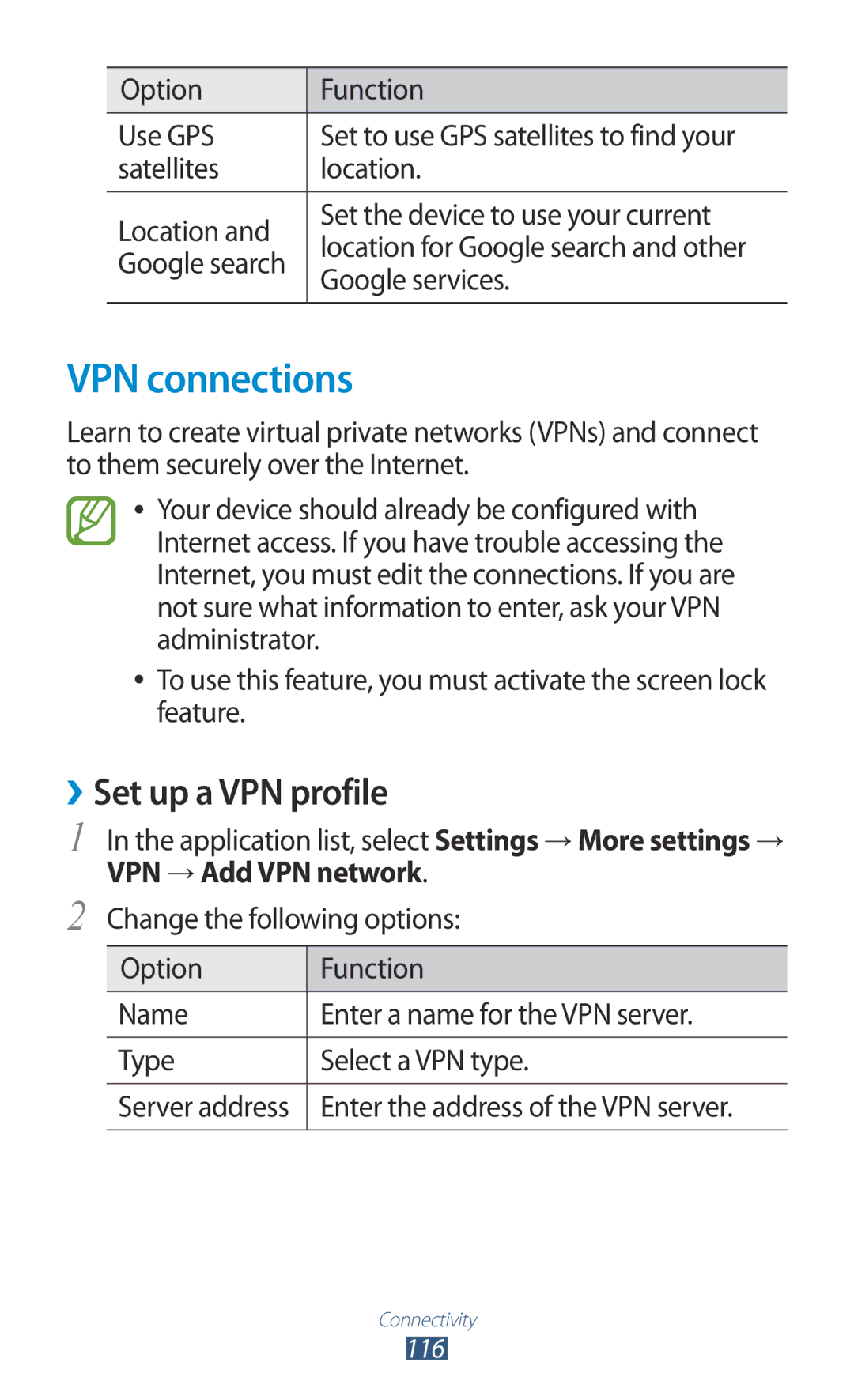 Samsung GT-I8160ZWAEUR, GT-I8160ZWADBT, GT-I8160OKAEPL manual VPN connections, Set up a VPN profile, VPN → Add VPN network 