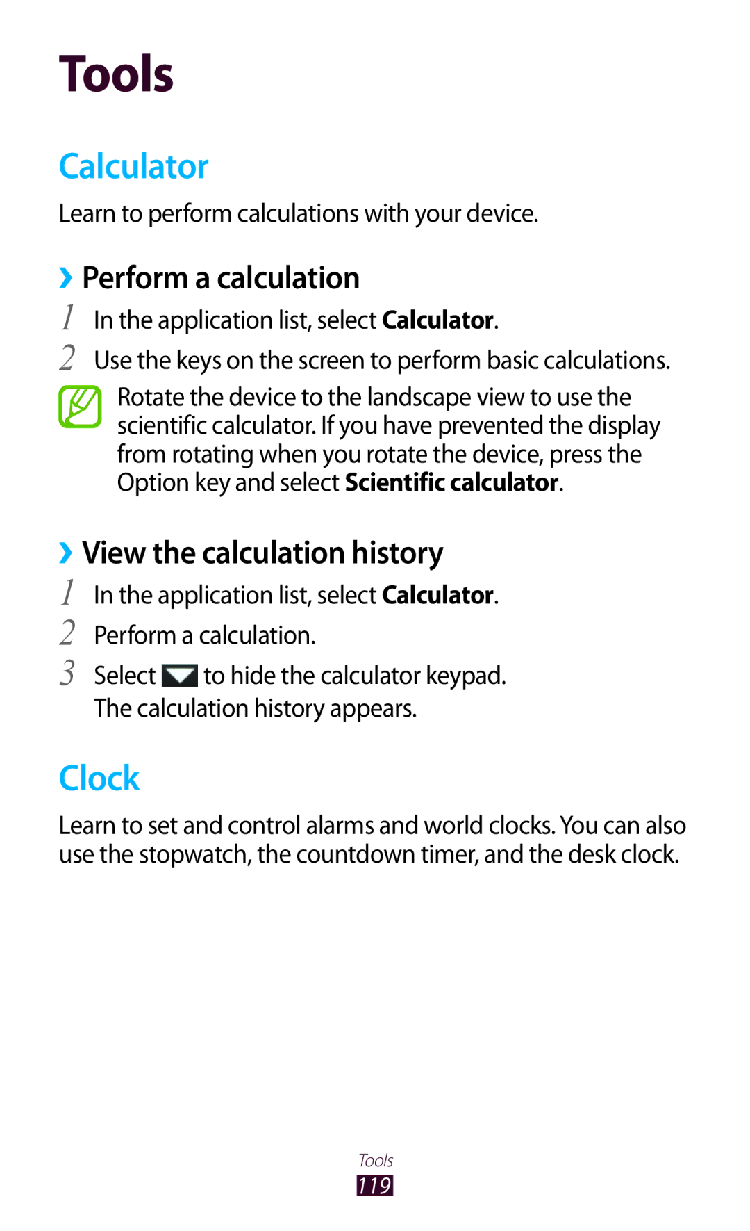 Samsung GT-I8160OKAOPT, GT-I8160ZWADBT manual Calculator, Clock, ››Perform a calculation, ››View the calculation history 