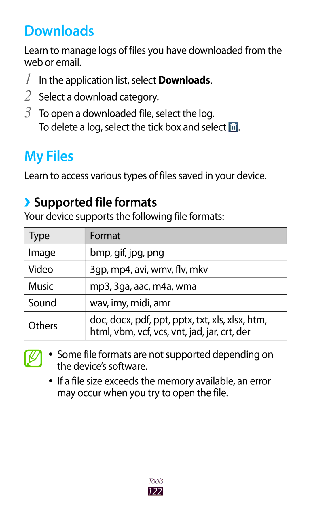 Samsung GT-I8160OKAXEO, GT-I8160ZWADBT, GT-I8160OKAEPL, GT-I8160OKATUR manual Downloads, My Files, ››Supported file formats 