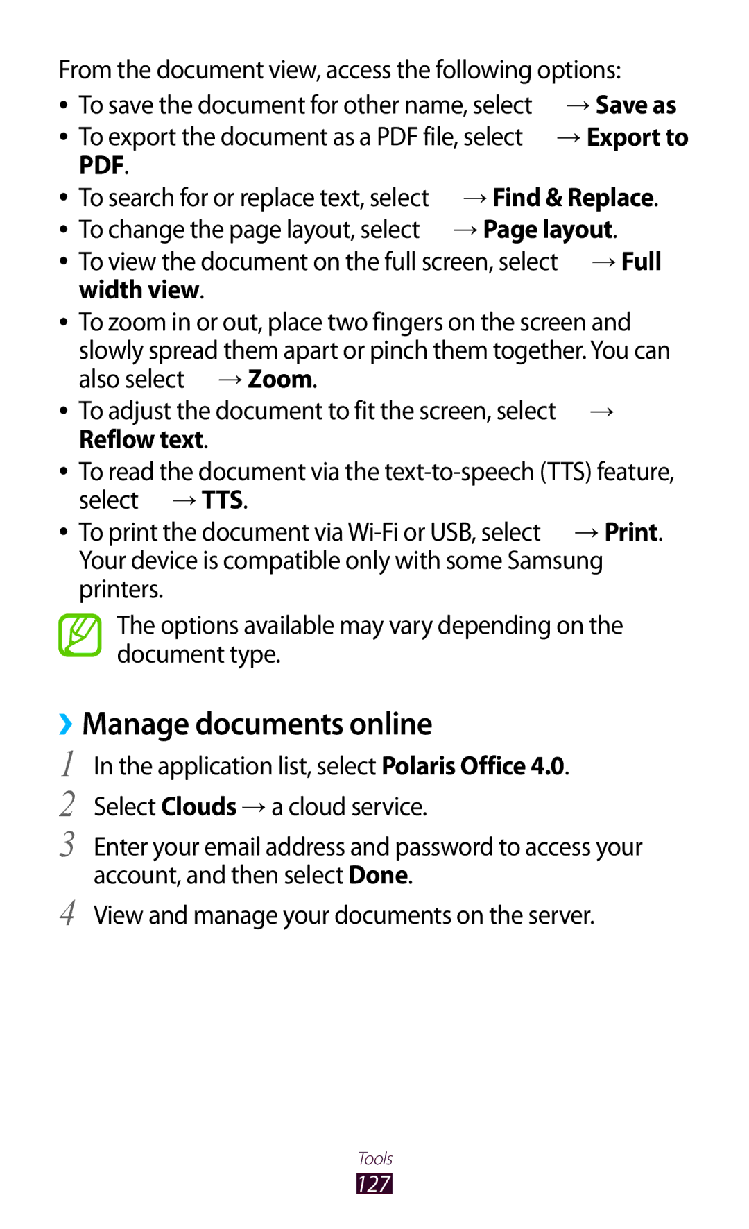 Samsung GT-I8160ZWATMN ››Manage documents online, From the document view, access the following options, → Page layout 