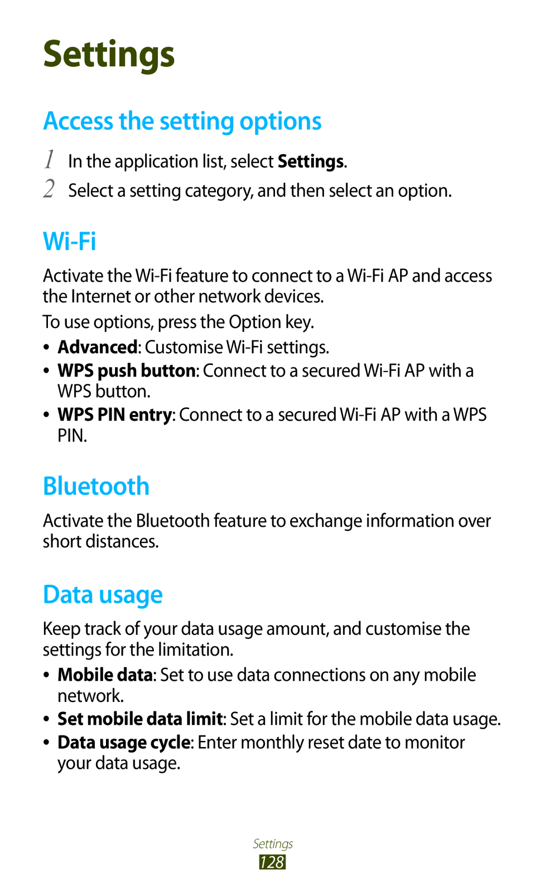 Samsung GT-I8160ZWAITV, GT-I8160ZWADBT, GT-I8160OKAEPL, GT-I8160OKAXEO, GT-I8160OKATUR Access the setting options, Data usage 