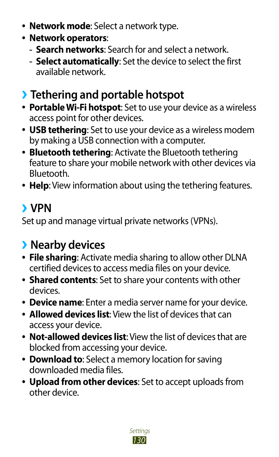 Samsung GT-I8160OKATMN manual ››Tethering and portable hotspot, ››Nearby devices, Network mode Select a network type 