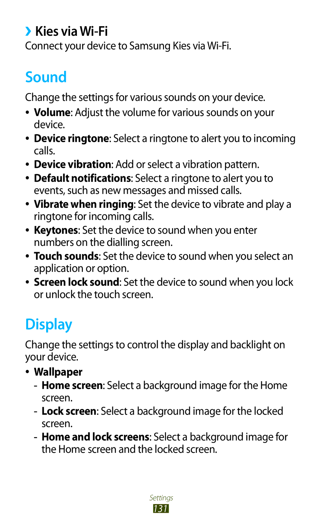 Samsung GT-I8160OKAPRT manual Sound, Display, ››Kies via Wi-Fi, Connect your device to Samsung Kies via Wi-Fi, Wallpaper 