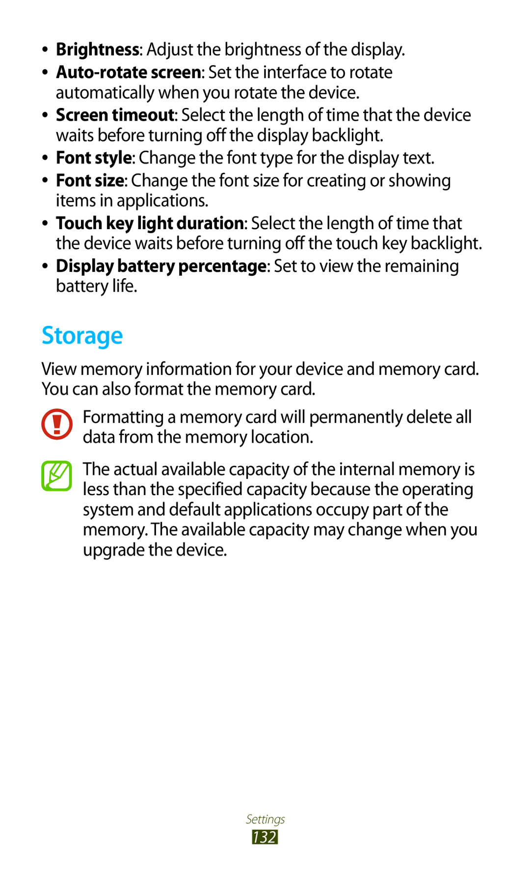 Samsung GT-I8160ZWATPH, GT-I8160ZWADBT, GT-I8160OKAEPL manual Storage, Brightness Adjust the brightness of the display 