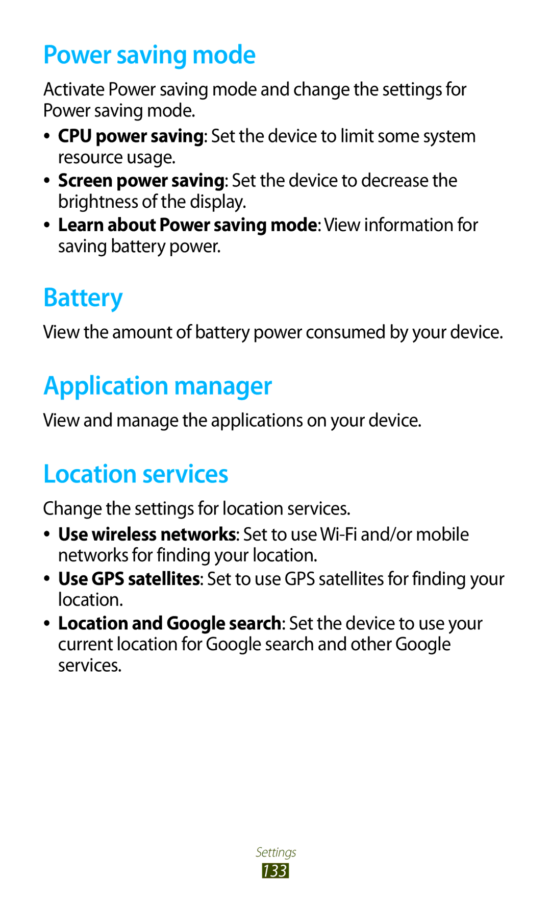 Samsung GT-I8160OKADBT, GT-I8160ZWADBT, GT-I8160OKAEPL Power saving mode, Battery, Application manager, Location services 