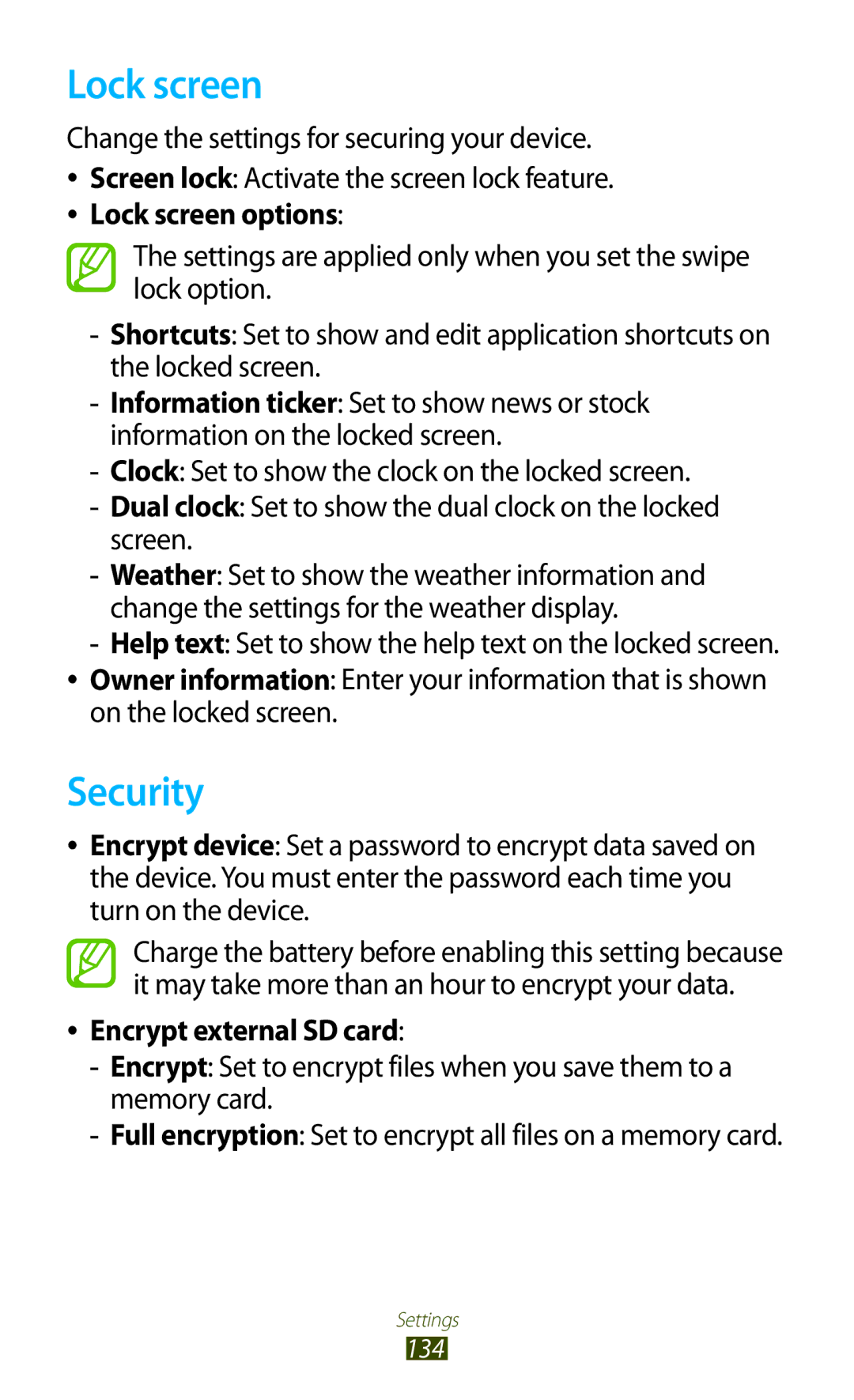 Samsung GT-I8160ZWAPRT, GT-I8160ZWADBT manual Lock screen, Security, On the locked screen, Encrypt external SD card 