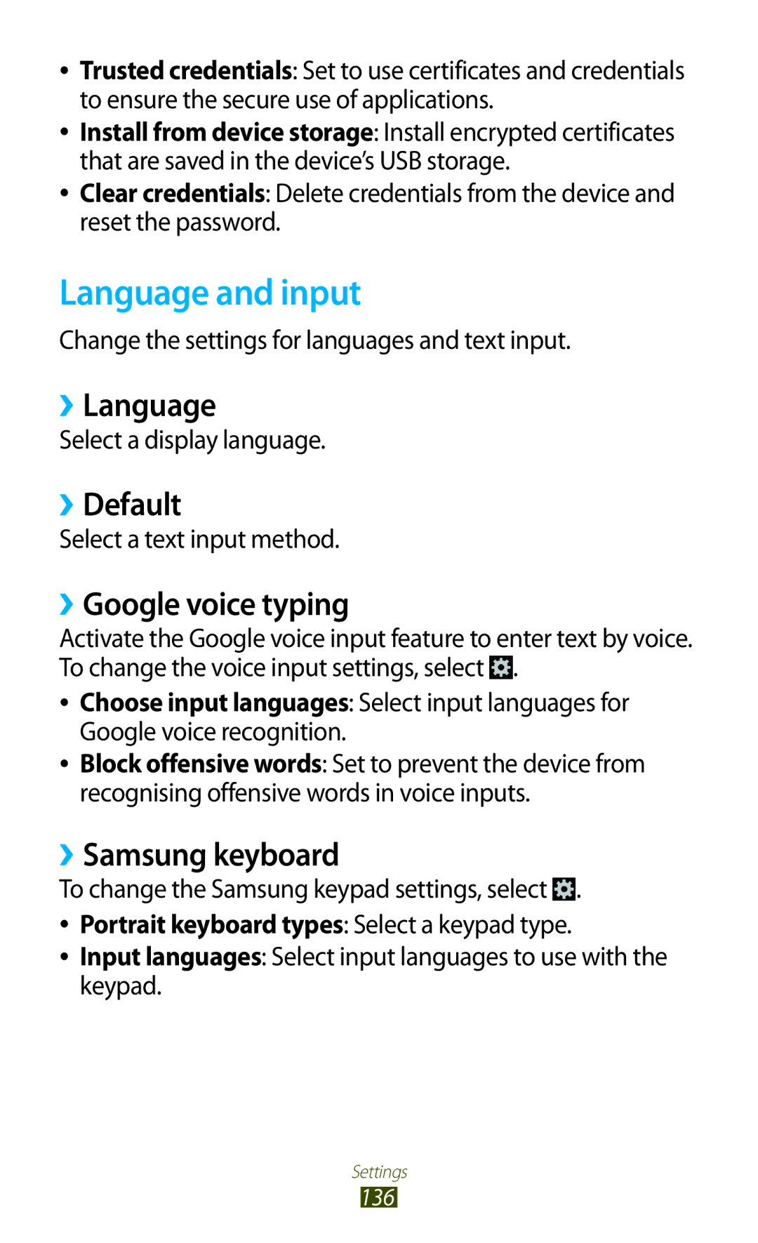 Samsung GT-I8160OKAITV manual Language and input, ››Language, ››Default, ››Google voice typing, ››Samsung keyboard 