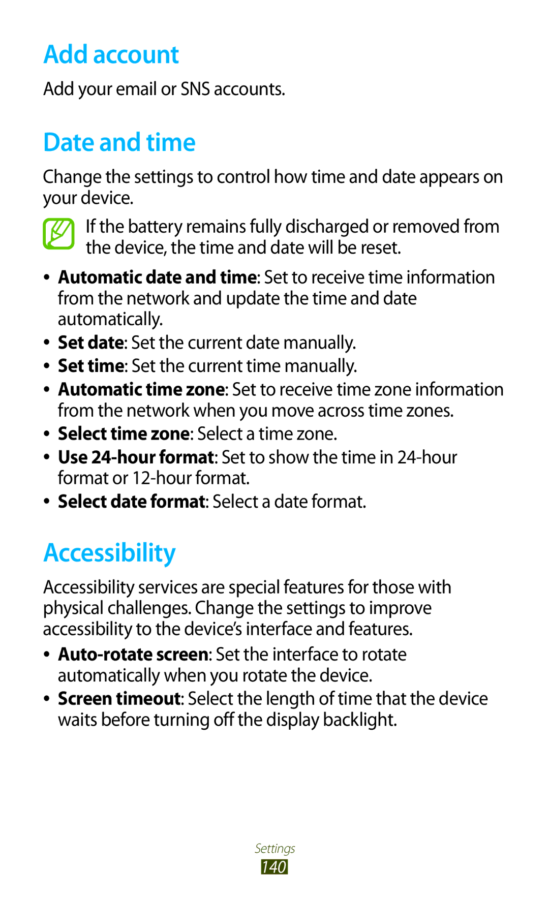 Samsung GT-I8160ZWAEUR, GT-I8160ZWADBT manual Add account, Date and time, Accessibility, Add your email or SNS accounts 