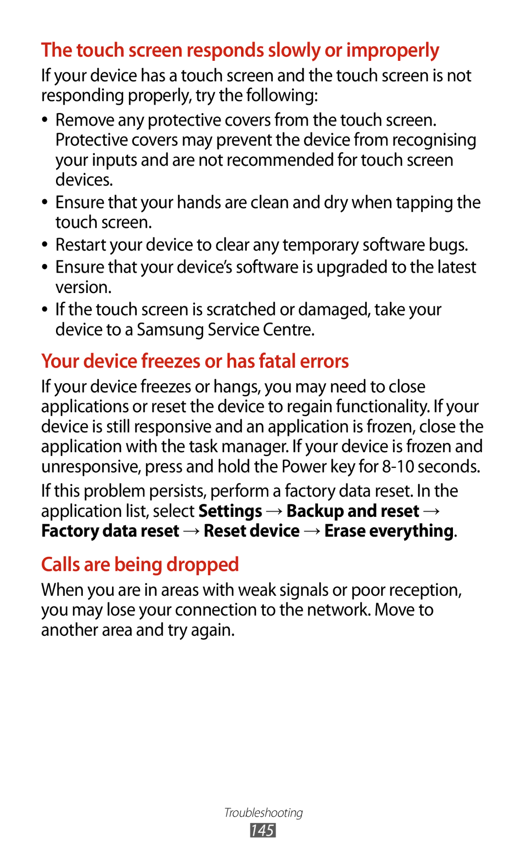 Samsung GT-I8160OKAEPL, GT-I8160ZWADBT, GT-I8160OKAXEO, GT-I8160OKATUR manual Your device freezes or has fatal errors 