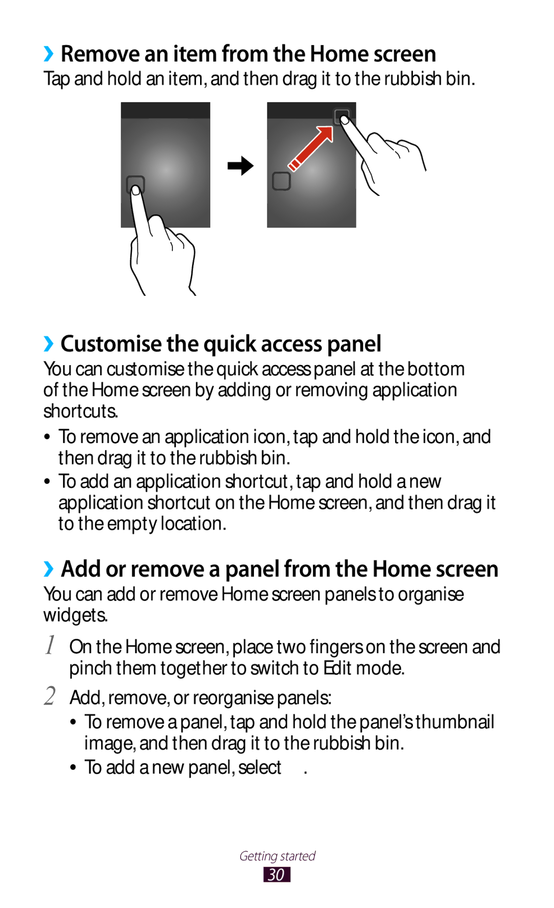 Samsung GT-I8160ZWATUR, GT-I8160ZWADBT manual ››Remove an item from the Home screen, ››Customise the quick access panel 