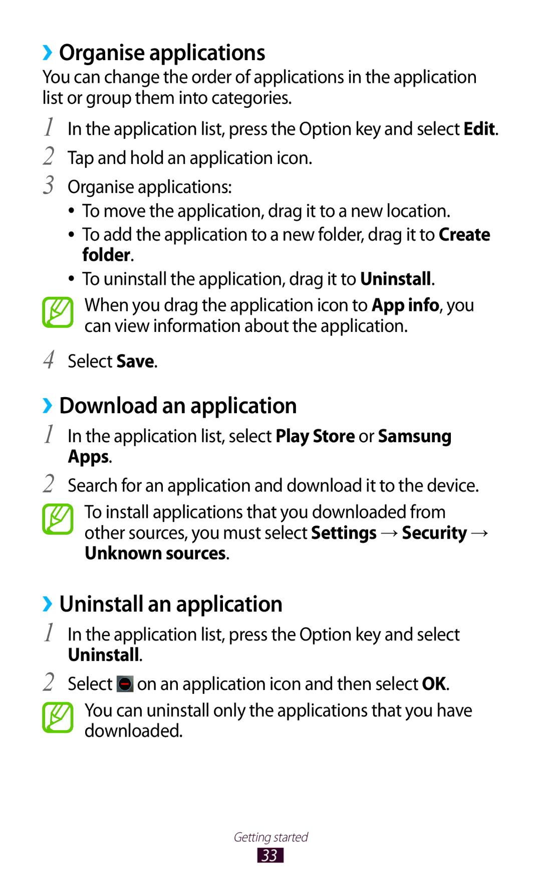 Samsung GT-I8160OKATPL manual ››Organise applications, ››Download an application, ››Uninstall an application, Apps 