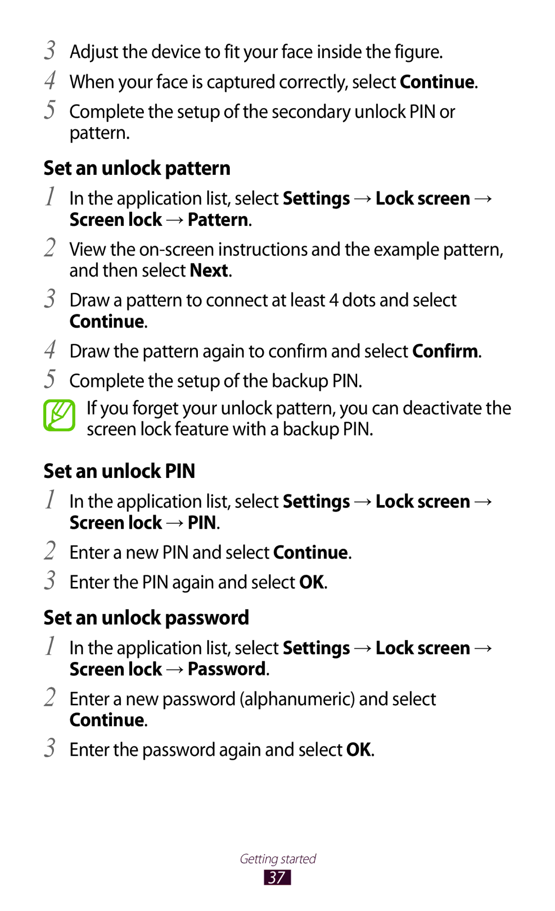 Samsung GT-I8160OKADBT Complete the setup of the secondary unlock PIN or pattern, Screen lock → Pattern, Screen lock → PIN 