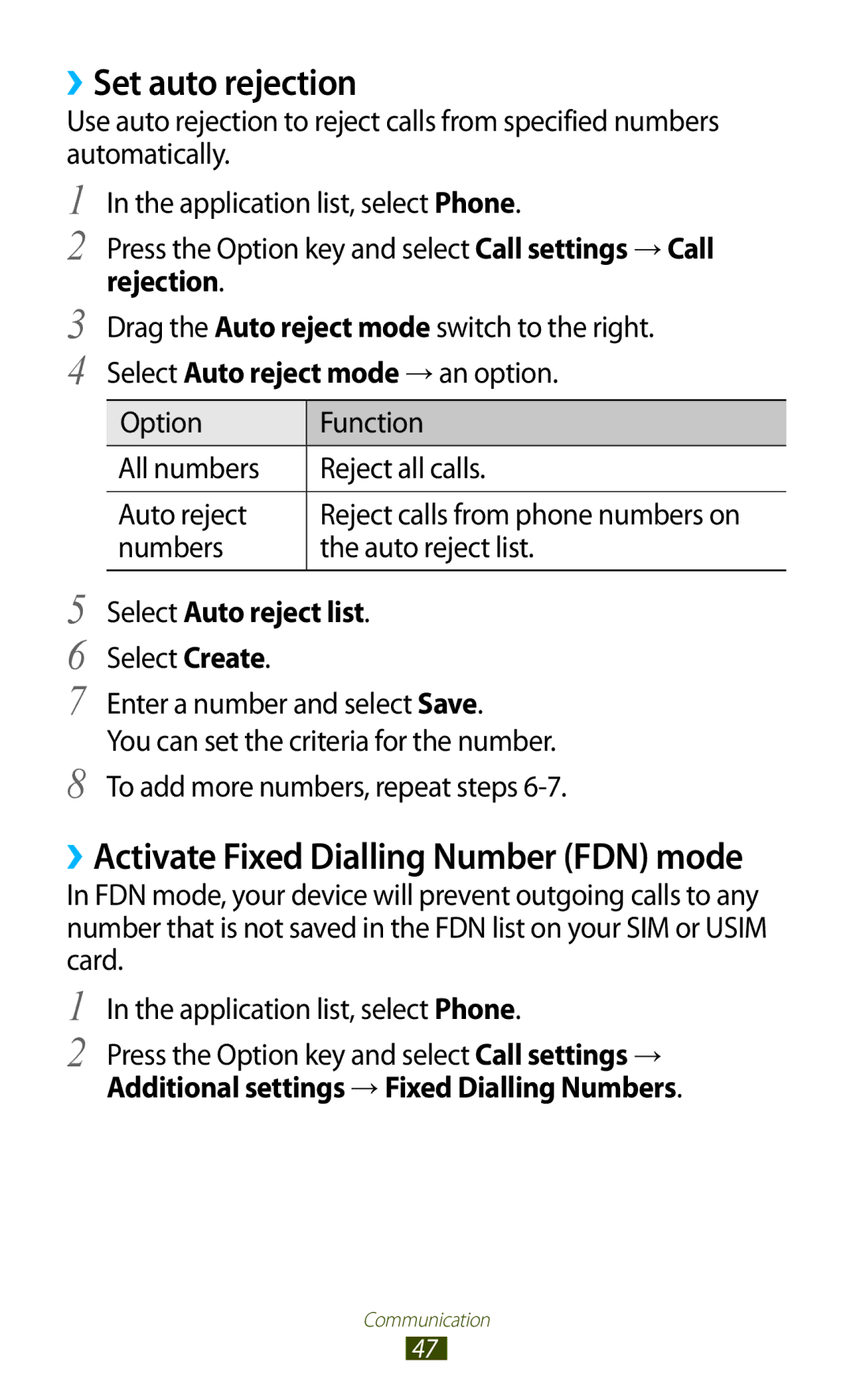 Samsung GT-I8160OKAOPT manual ››Set auto rejection, Select Auto reject list, Select Create Enter a number and select Save 