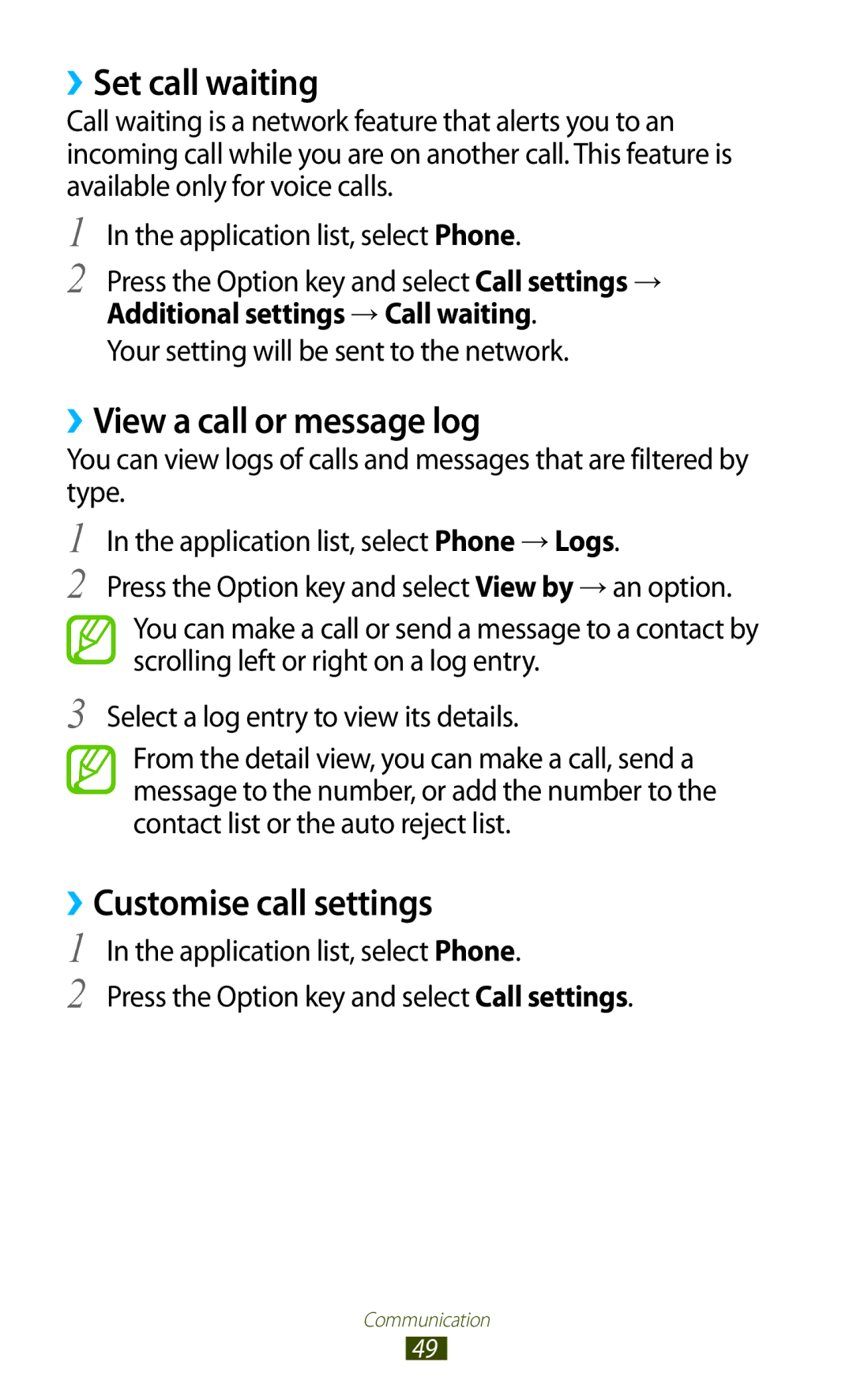 Samsung GT-I8160OKAEPL, GT-I8160ZWADBT manual ››Set call waiting, ››View a call or message log, ››Customise call settings 