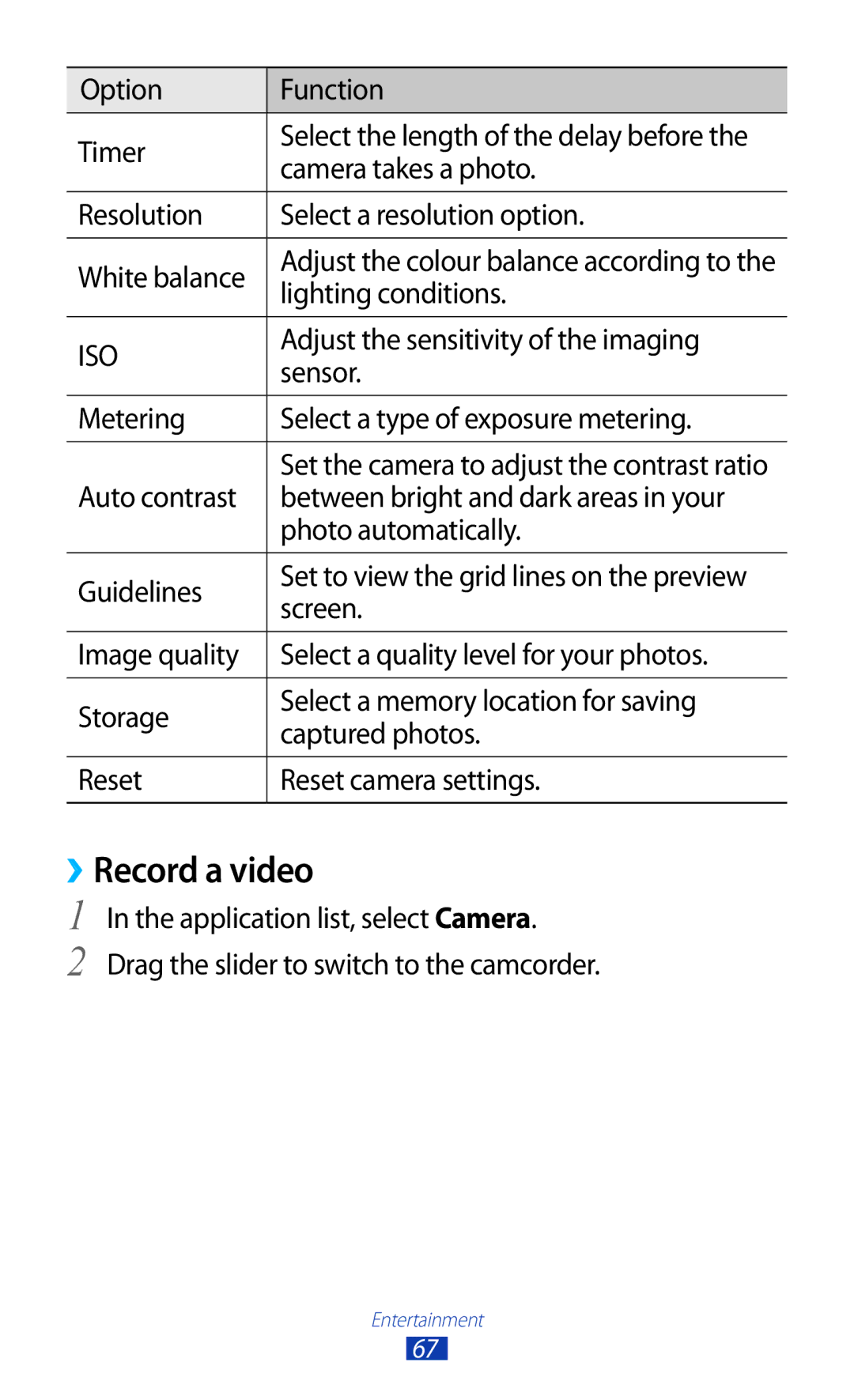 Samsung GT-I8160ZWAVIA, GT-I8160ZWADBT, GT-I8160OKAEPL, GT-I8160OKAXEO, GT-I8160OKATUR, GT-I8160OKAEUR manual ››Record a video 