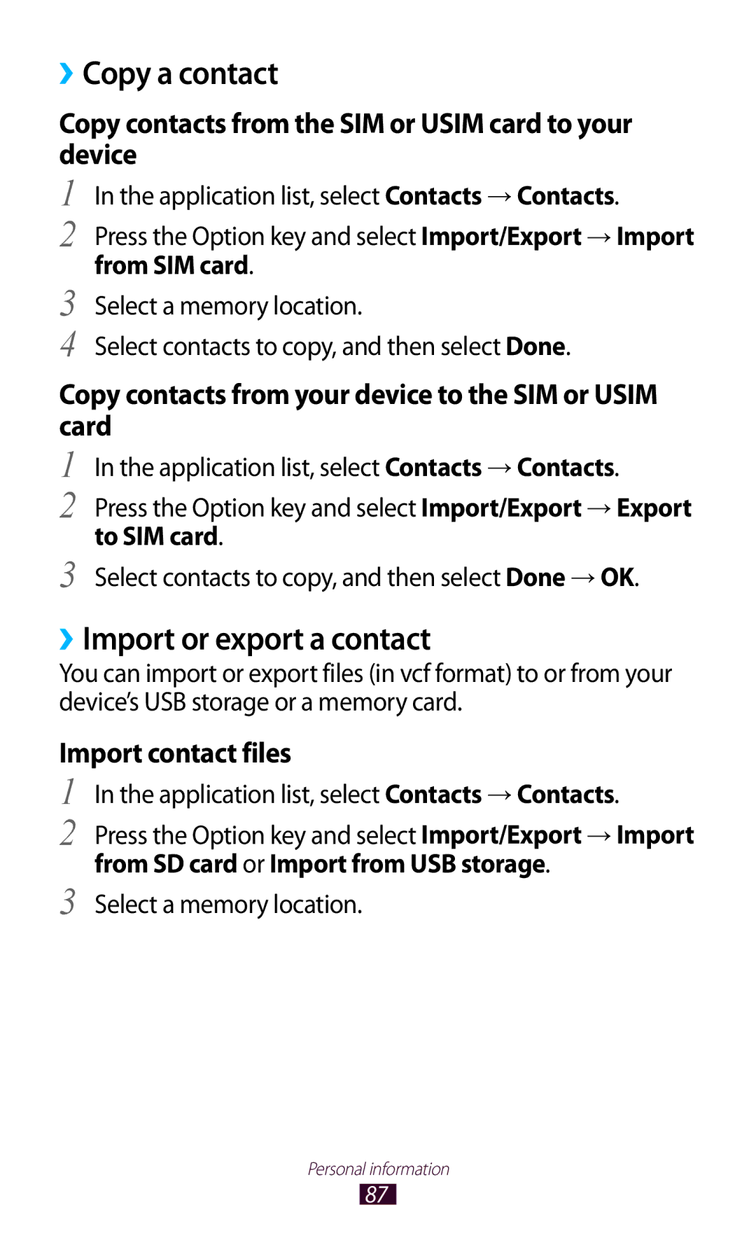 Samsung GT-I8160ZWAEPL, GT-I8160ZWADBT manual ››Copy a contact, ››Import or export a contact, From SIM card, To SIM card 