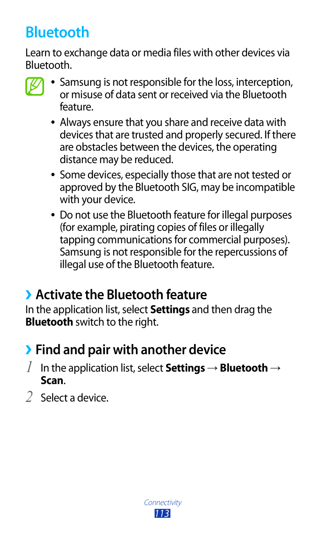 Samsung GT-I8160ZWZGBL, GT-I8160ZWADBT ››Activate the Bluetooth feature, ››Find and pair with another device, Scan 