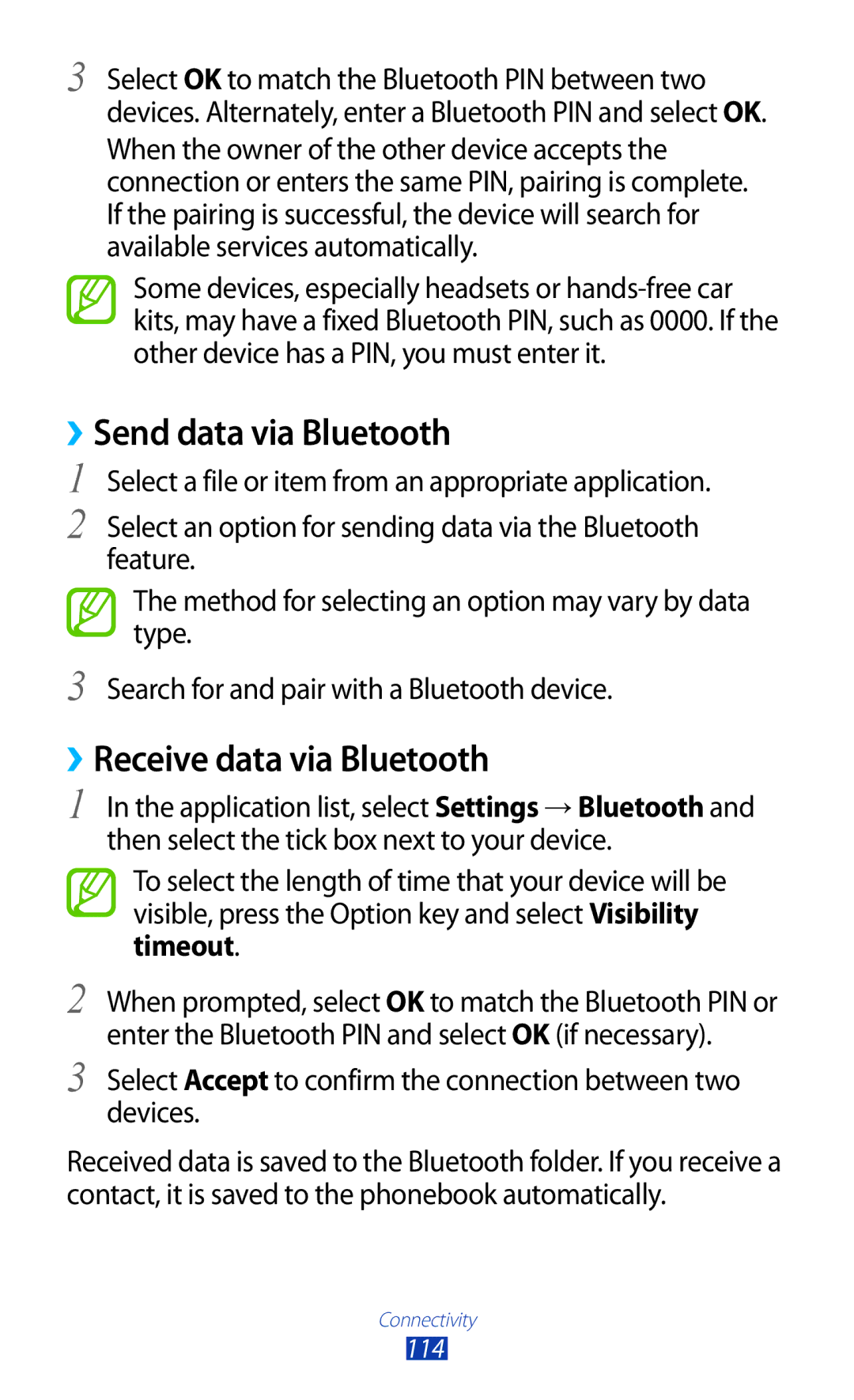 Samsung GT-I8160ZWAGBL, GT-I8160ZWADBT, GT-I8160OKAEPL manual ››Send data via Bluetooth, ››Receive data via Bluetooth 