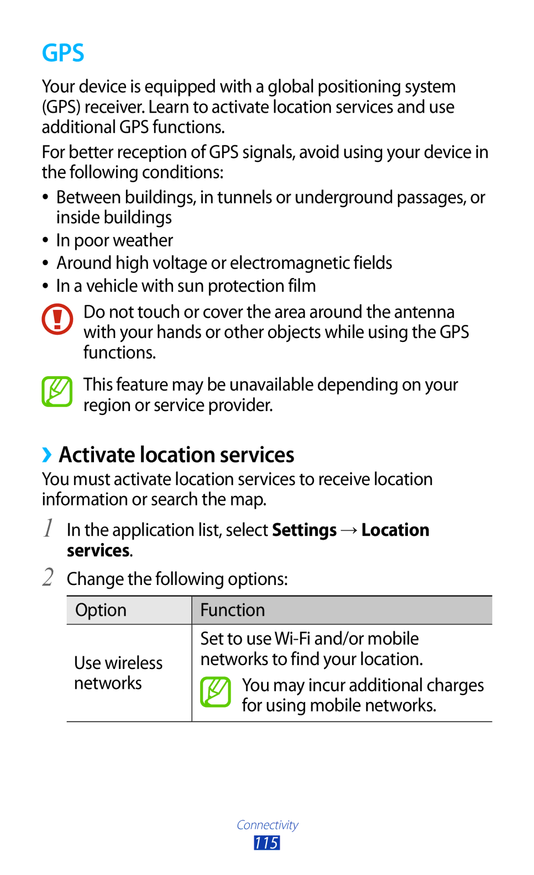 Samsung GT2I8160ZWAVVT, GT-I8160ZWADBT, GT-I8160OKAEPL manual ››Activate location services, For using mobile networks 