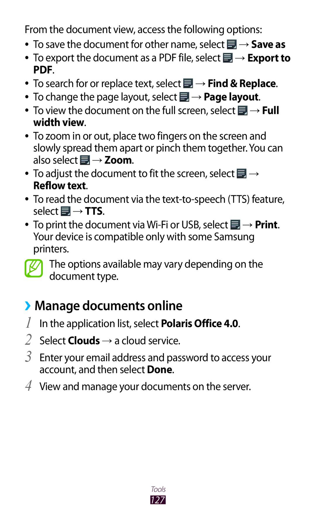 Samsung GT-I8160OKAXSK ››Manage documents online, From the document view, access the following options, → Page layout 