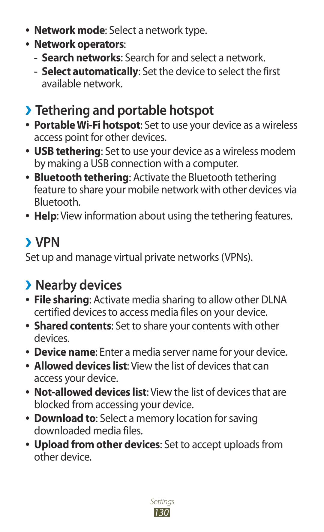 Samsung GT2I8160ZWAXSK manual ››Tethering and portable hotspot, ››Nearby devices, Network mode Select a network type 