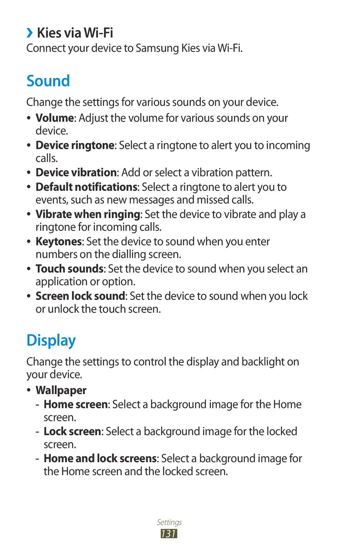 Samsung GT-I8160OKATMZ manual Sound, Display, ››Kies via Wi-Fi, Connect your device to Samsung Kies via Wi-Fi, Wallpaper 