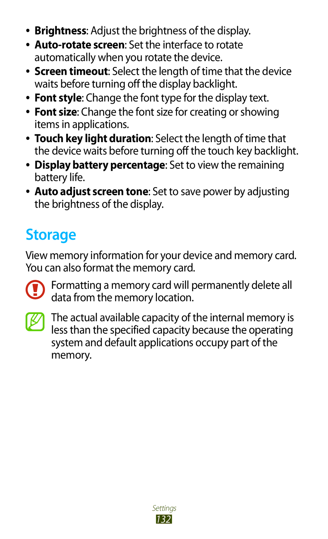 Samsung GT-I8160OKATRG, GT-I8160ZWADBT, GT-I8160OKAEPL manual Storage, Brightness Adjust the brightness of the display 