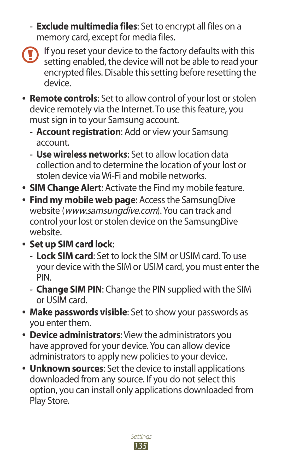 Samsung GT2I8160OKATMS, GT-I8160ZWADBT manual SIM Change Alert Activate the Find my mobile feature, Set up SIM card lock 