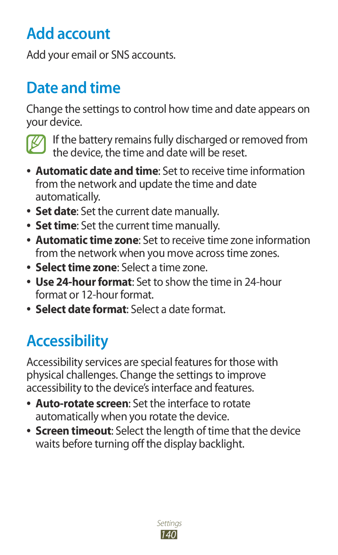 Samsung GT-I8160OKACYO, GT-I8160ZWADBT manual Add account, Date and time, Accessibility, Add your email or SNS accounts 