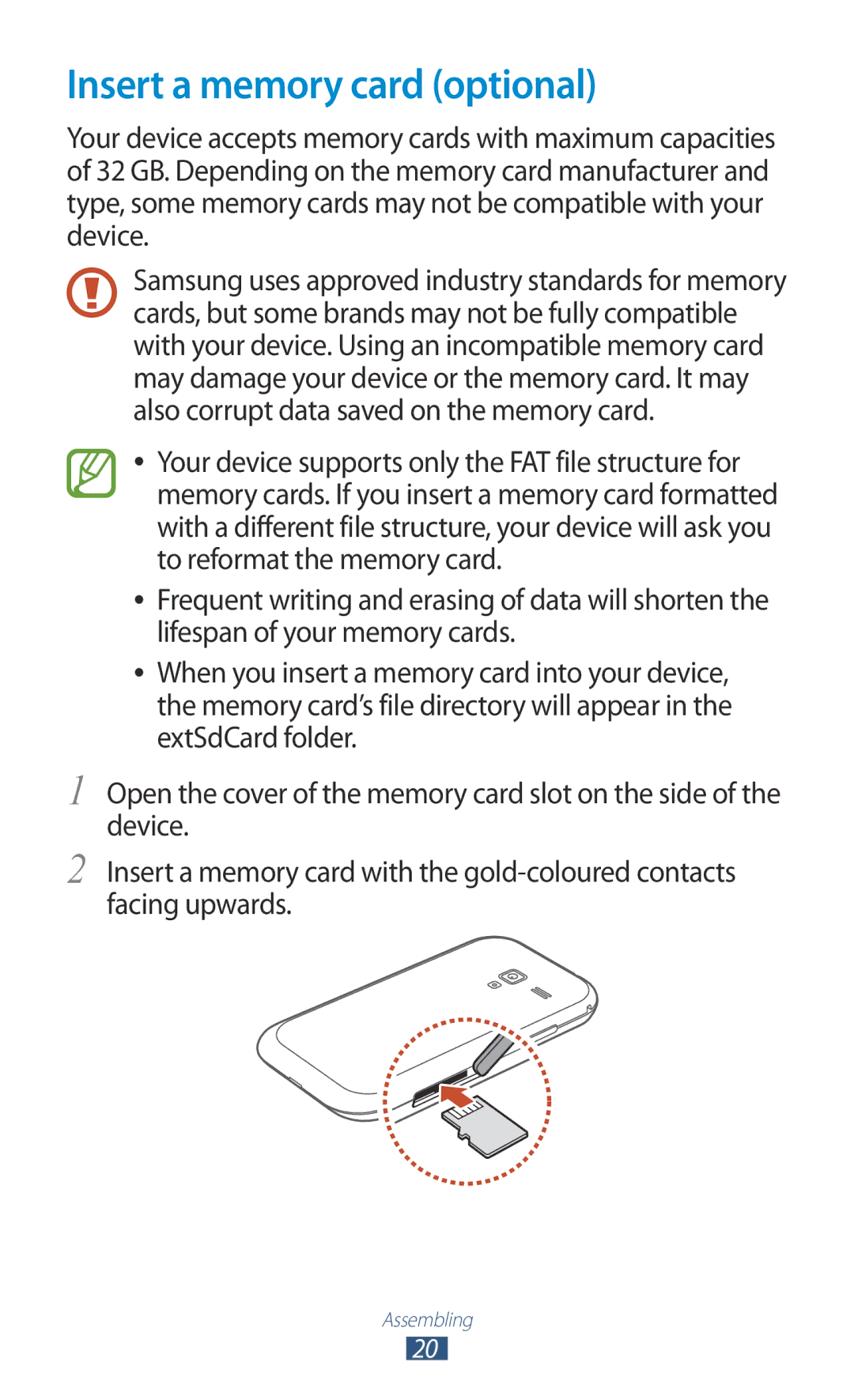 Samsung GT-I8160OKAVIT, GT-I8160ZWADBT, GT-I8160OKAEPL, GT-I8160OKAXEO, GT-I8160OKATUR manual Insert a memory card optional 