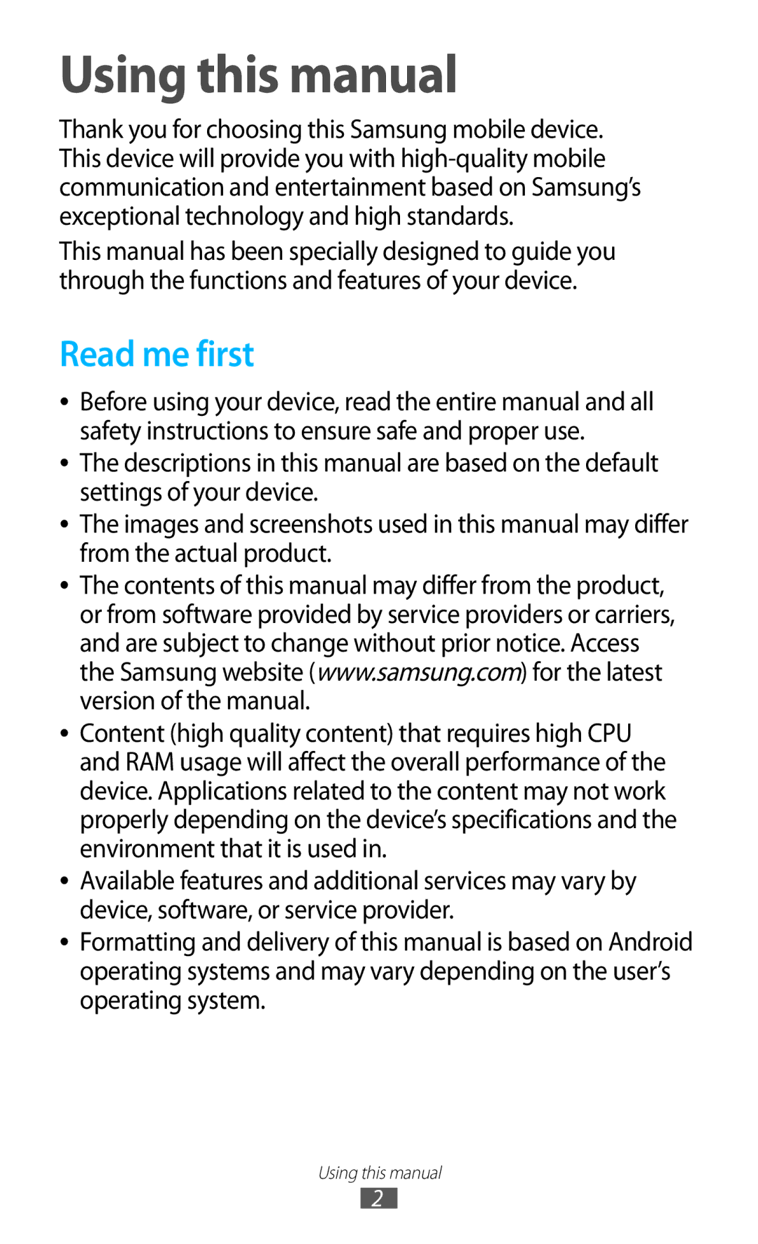 Samsung GT-I8160OKATUR, GT-I8160ZWADBT, GT-I8160OKAEPL, GT-I8160OKAXEO, GT-I8160OKAEUR Using this manual, Read me first 