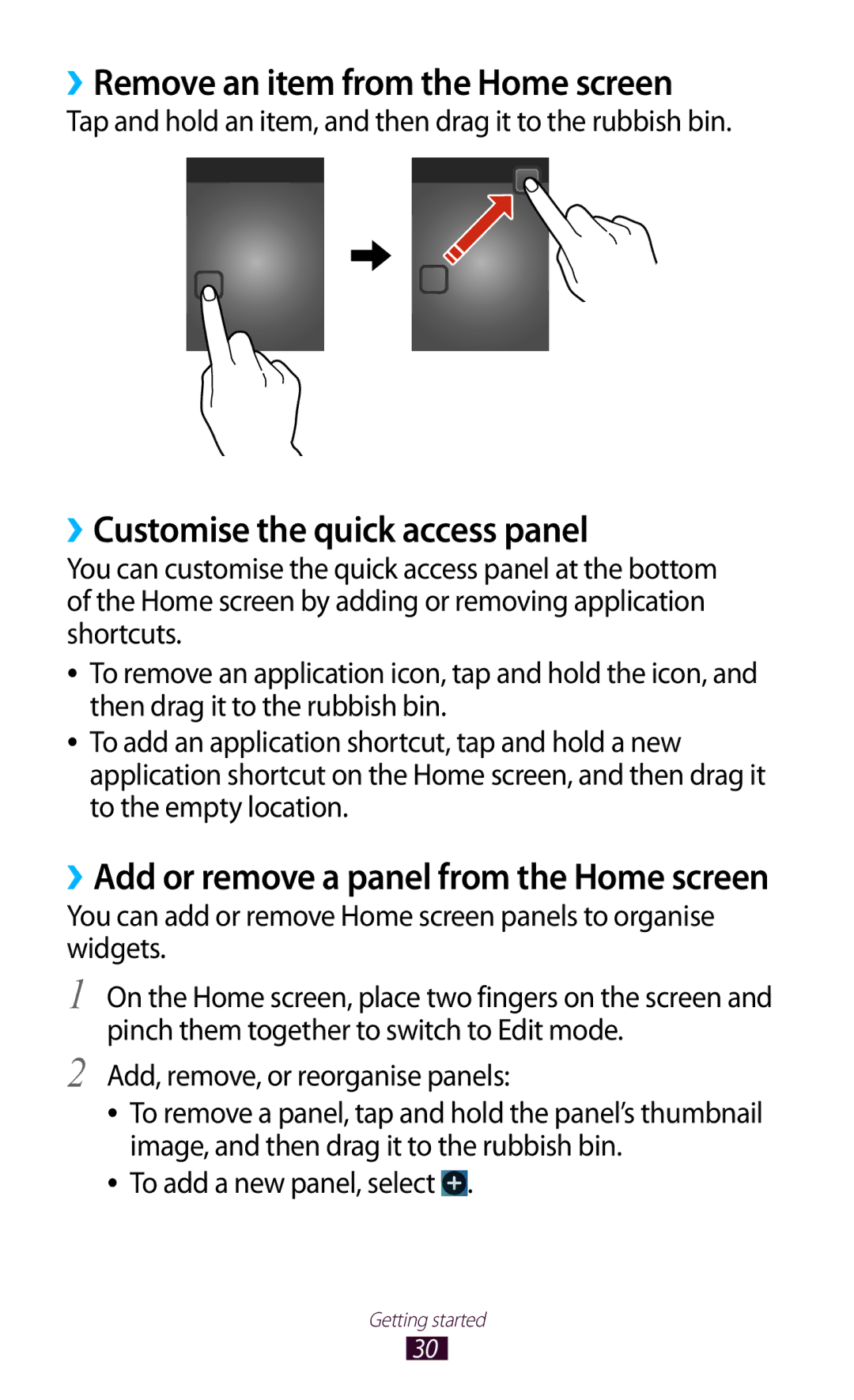 Samsung GT-I8160OKAMWD, GT-I8160ZWADBT manual ››Remove an item from the Home screen, ››Customise the quick access panel 