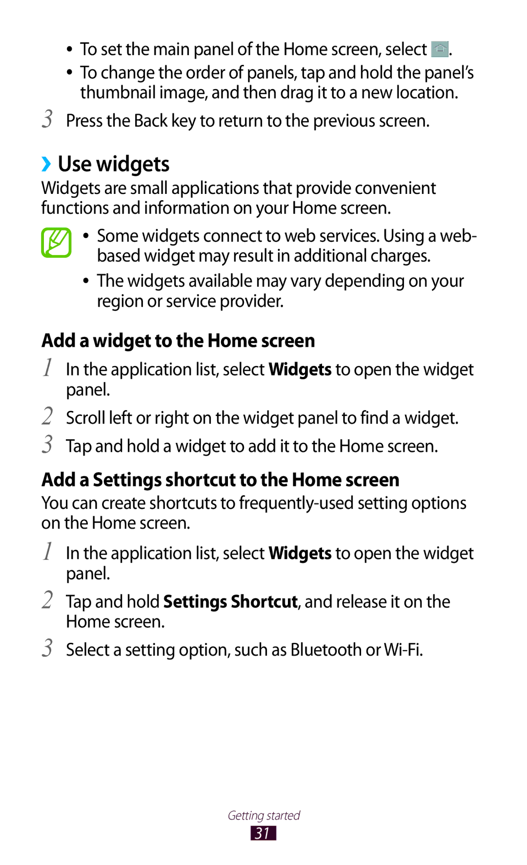 Samsung GT-I8160OKAXEC, GT-I8160ZWADBT, GT-I8160OKAEPL manual ››Use widgets, To set the main panel of the Home screen, select 