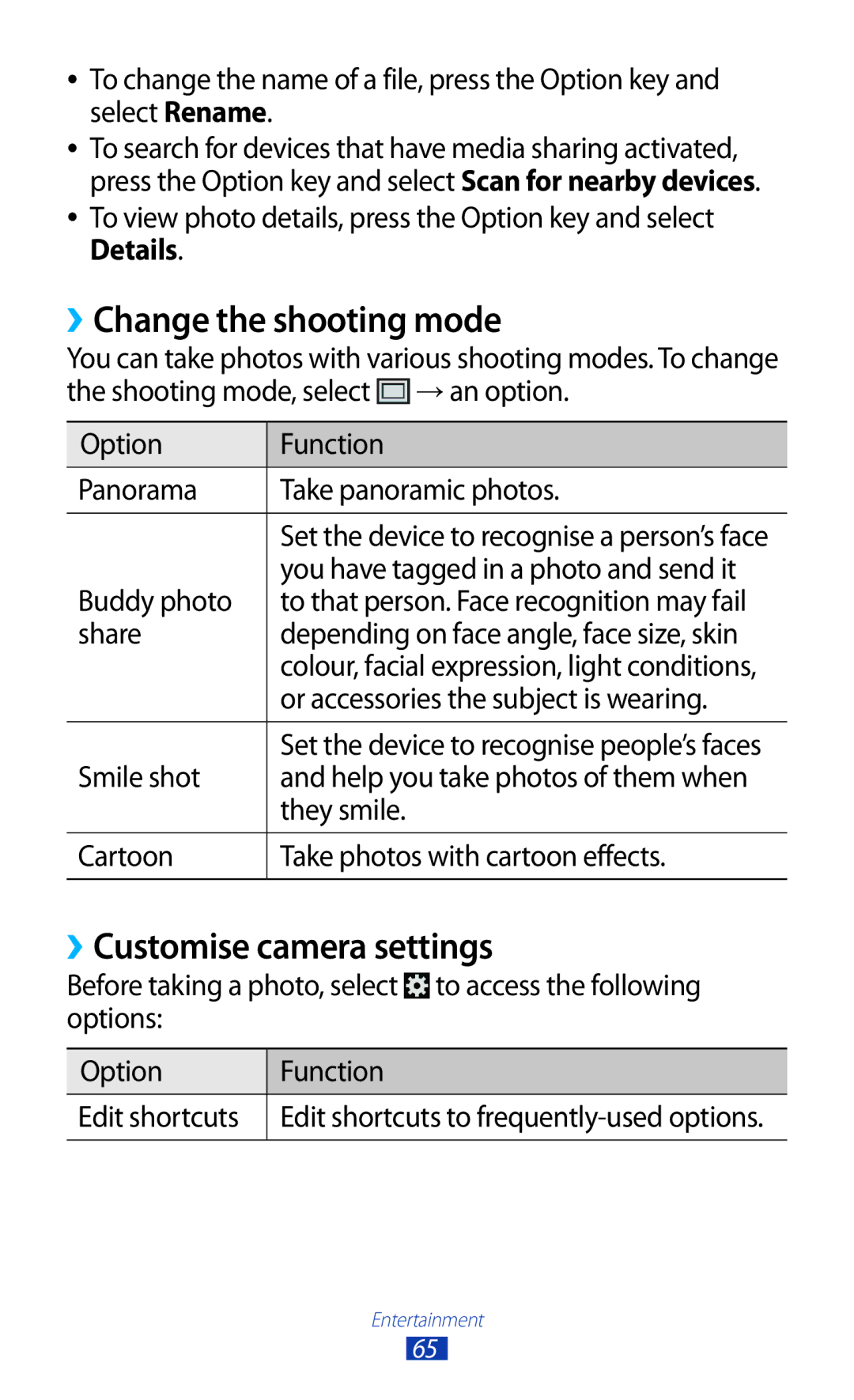 Samsung GT-I8160ZWZSEB, GT-I8160ZWADBT, GT-I8160OKAEPL manual ››Change the shooting mode, ››Customise camera settings, Share 