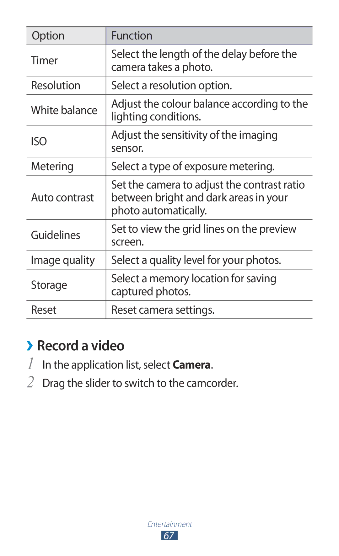 Samsung GT-I8160OKACYO, GT-I8160ZWADBT, GT-I8160OKAEPL, GT-I8160OKAXEO, GT-I8160OKATUR, GT-I8160OKAEUR manual ››Record a video 