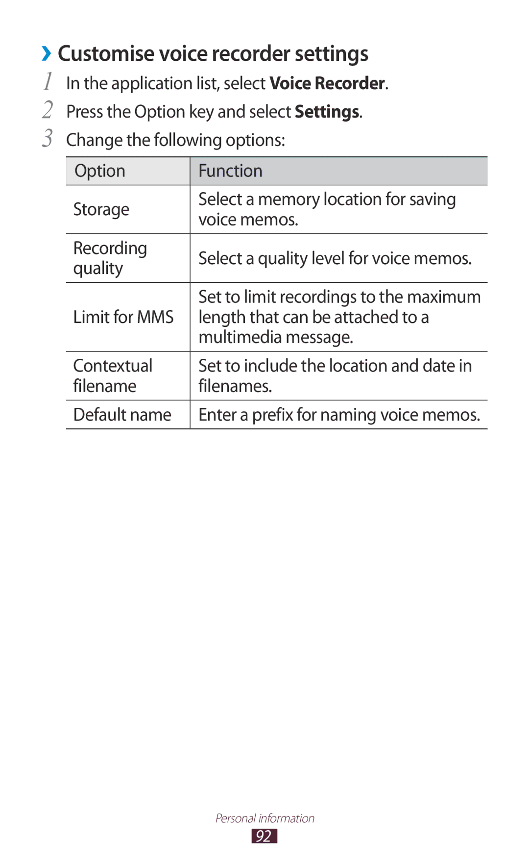 Samsung GT-I8160ZWAEUR, GT-I8160ZWADBT manual ››Customise voice recorder settings, Quality, Filename Filenames Default name 