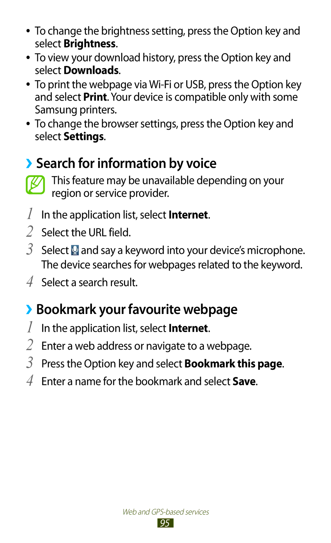 Samsung GT-I8160OKAOPT manual ››Search for information by voice, ››Bookmark your favourite webpage, Select a search result 