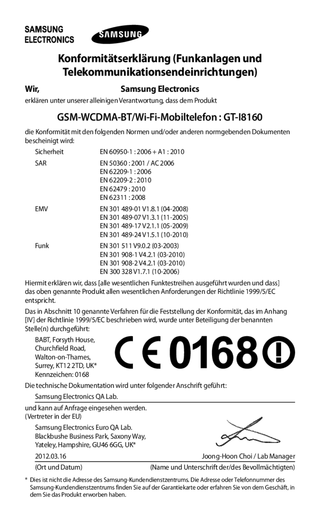 Samsung GT-I8160OKATPL, GT-I8160ZWADBT, GT-I8160OKAEPL, GT-I8160OKAXEO manual Konformitätserklärung Funkanlagen und, Wir 