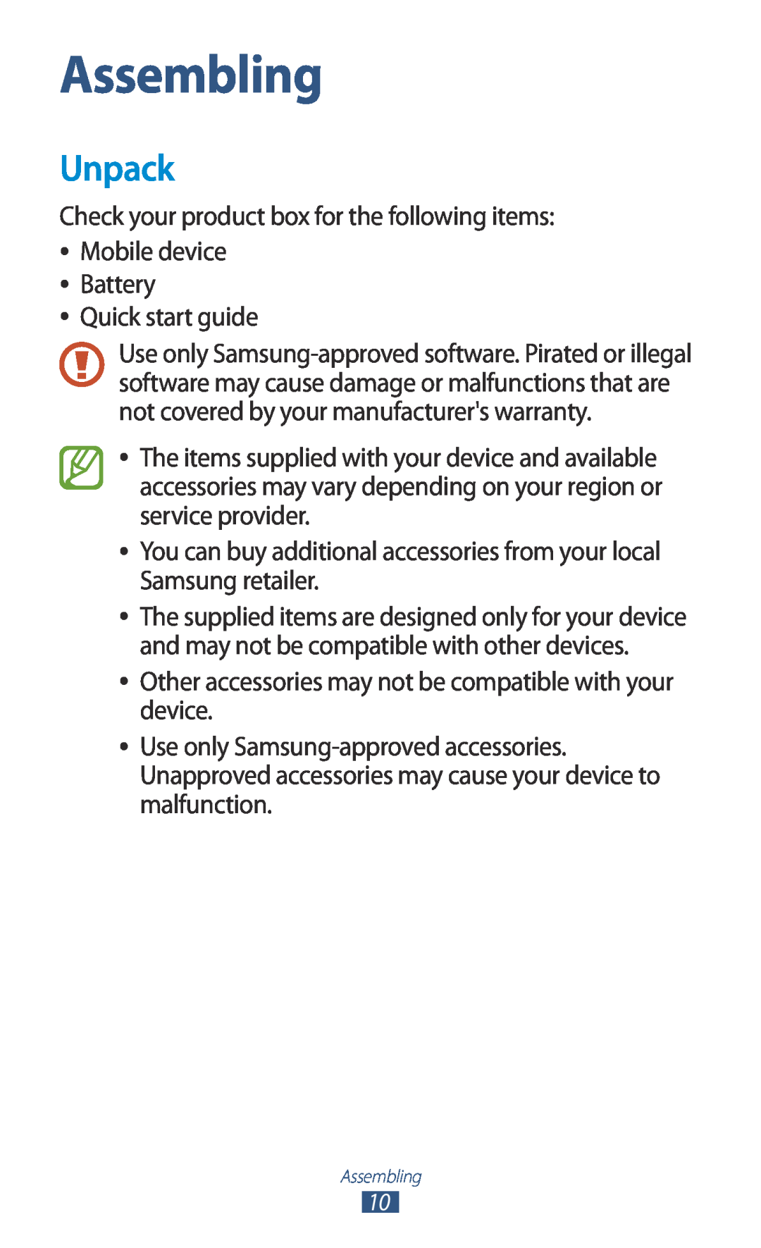 Samsung GT-I8160OKATMN, GT-I8160ZWADBT, GT-I8160OKAEPL, GT-I8160OKAXEO, GT-I8160OKATUR, GT-I8160OKAEUR manual Assembling, Unpack 