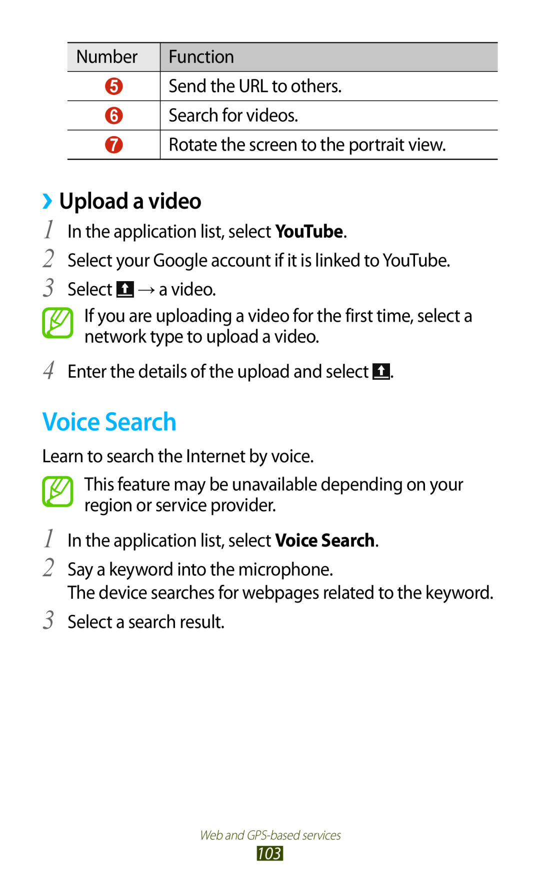 Samsung GT-I8160ZWATMN, GT-I8160ZWADBT, GT-I8160OKAEPL, GT-I8160OKAXEO, GT-I8160OKATUR manual Voice Search, ››Upload a video 