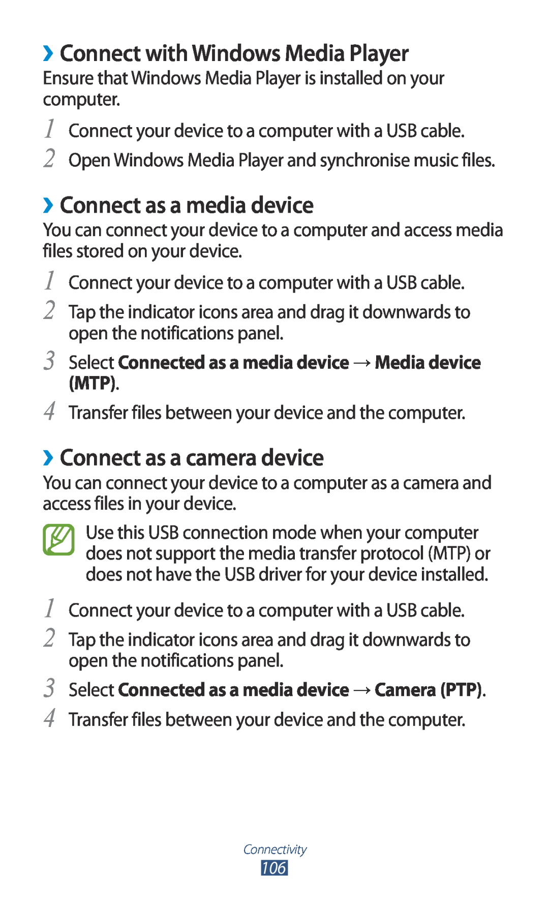 Samsung GT-I8160OKATMN ››Connect with Windows Media Player, ››Connect as a media device, ››Connect as a camera device 