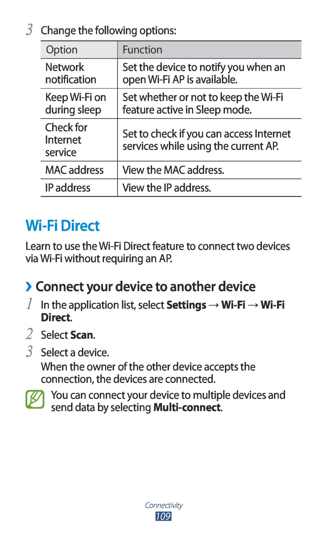 Samsung GT-I8160OKADBT, GT-I8160ZWADBT, GT-I8160OKAEPL, GT-I8160OKAXEO Wi-Fi Direct, ››Connect your device to another device 