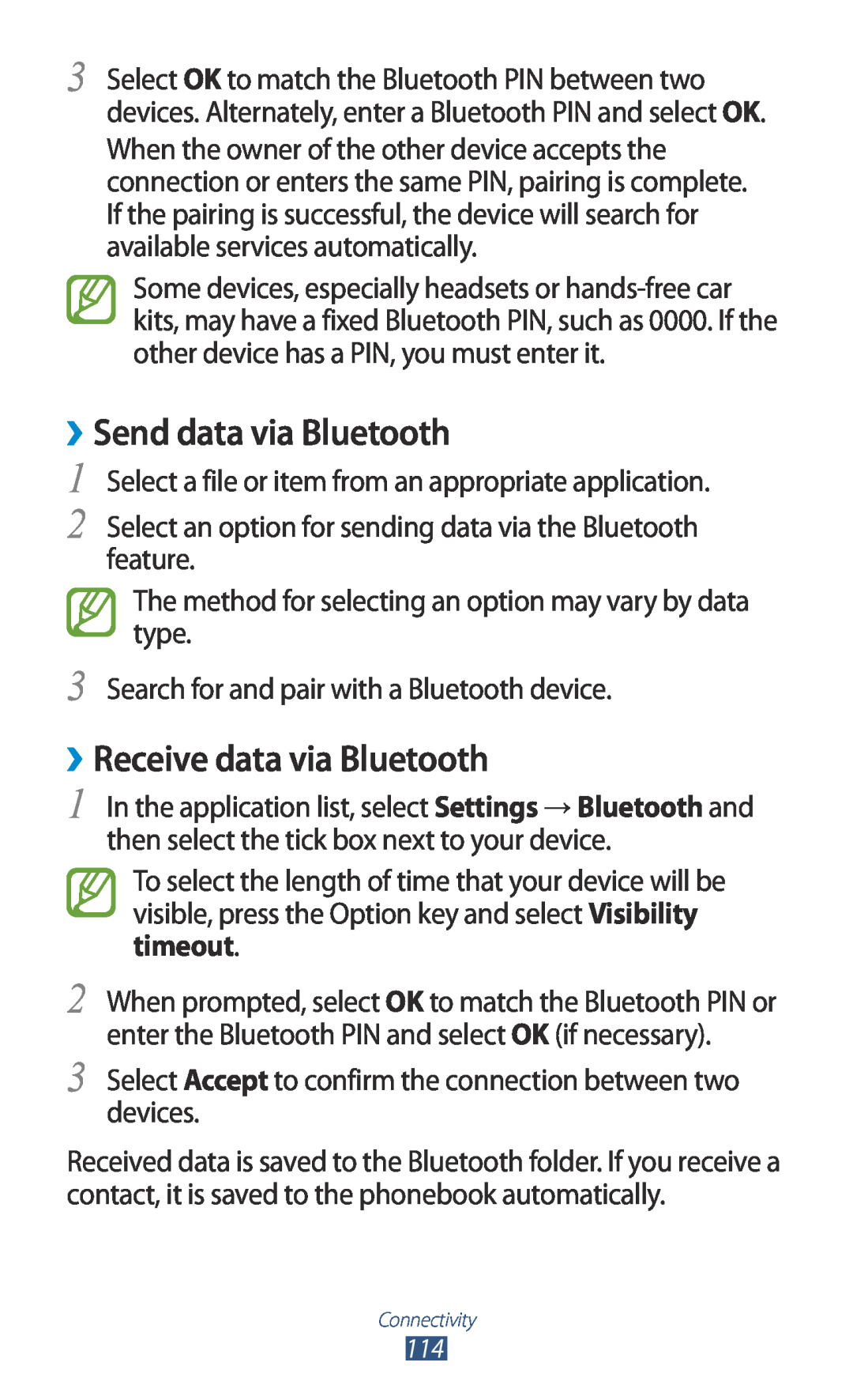 Samsung GT-I8160OKACOS, GT-I8160ZWADBT, GT-I8160OKAEPL manual ››Send data via Bluetooth, ››Receive data via Bluetooth 