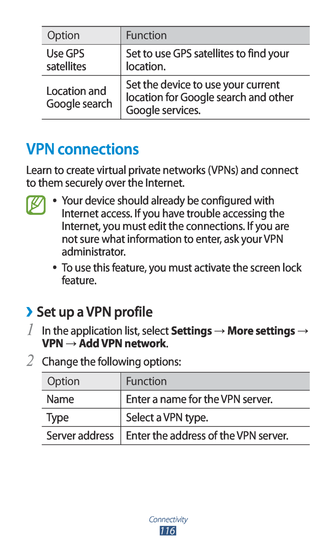 Samsung GT-I8160ZWAEUR, GT-I8160ZWADBT, GT-I8160OKAEPL, GT-I8160OKAXEO, GT-I8160OKATUR VPN connections, Set up a VPN profile 