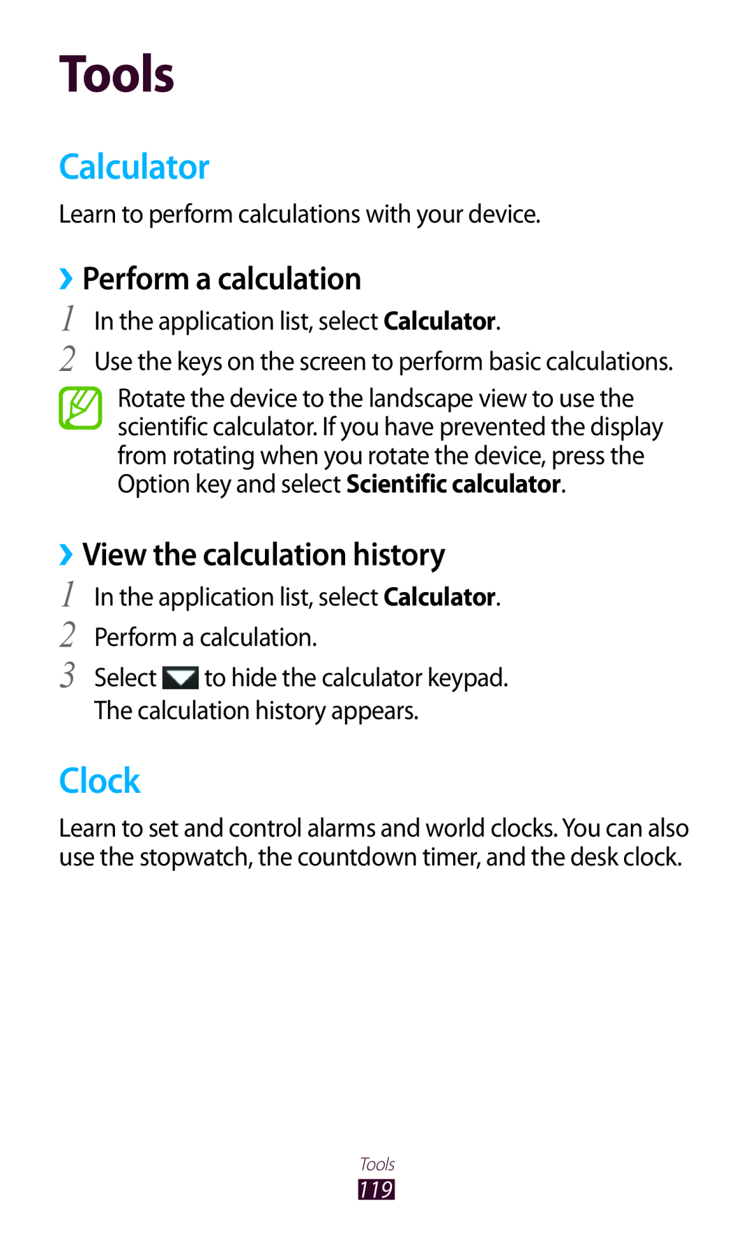 Samsung GT-I8160OKAOPT, GT-I8160ZWADBT Tools, Calculator, Clock, ››Perform a calculation, ››View the calculation history 