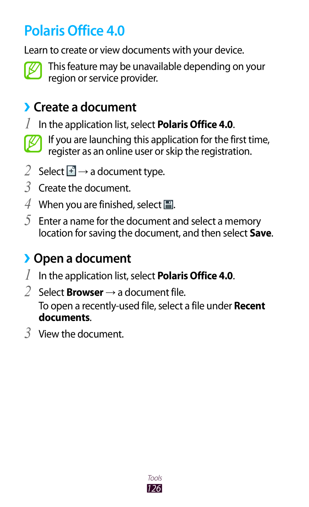 Samsung GT-I8160ZWATUR, GT-I8160ZWADBT, GT-I8160OKAEPL manual Polaris Office, ››Create a document, ››Open a document 