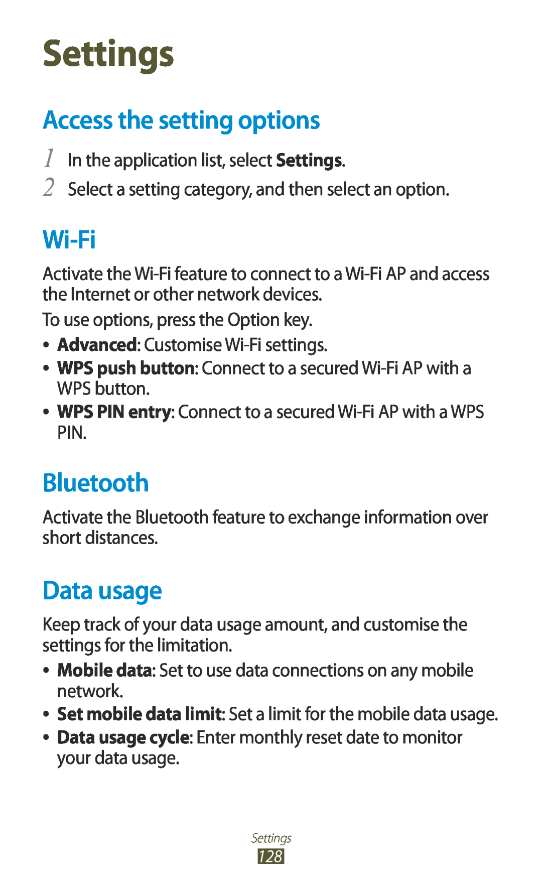 Samsung GT-I8160ZWAITV, GT-I8160ZWADBT, GT-I8160OKAEPL Settings, Access the setting options, Data usage, Wi-Fi, Bluetooth 