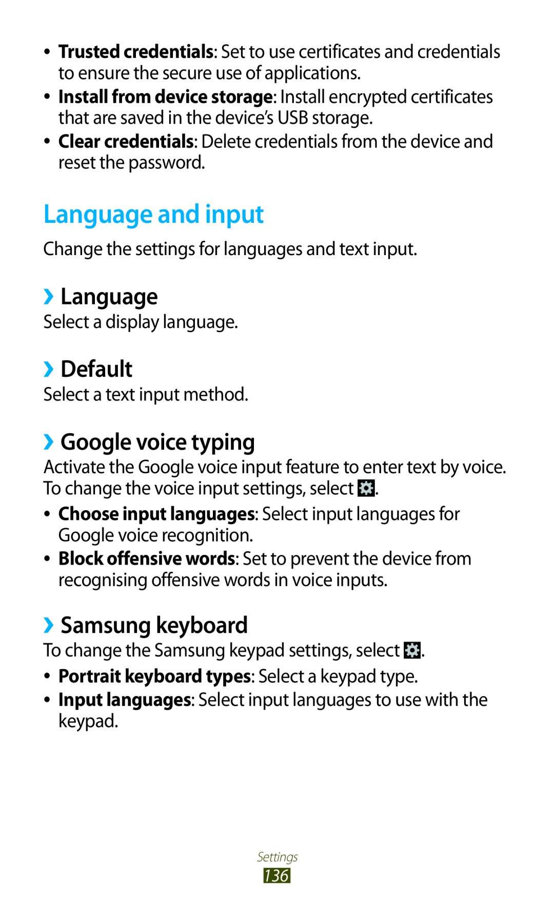 Samsung GT-I8160OKAITV manual Language and input, ››Language, ››Default, ››Google voice typing, ››Samsung keyboard 